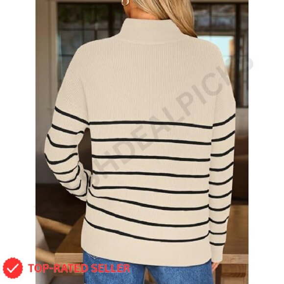 Quarter Zip Oversized Sweater Striped Mock Turtleneck Fall Winter Pullover - Picture 5 of 8